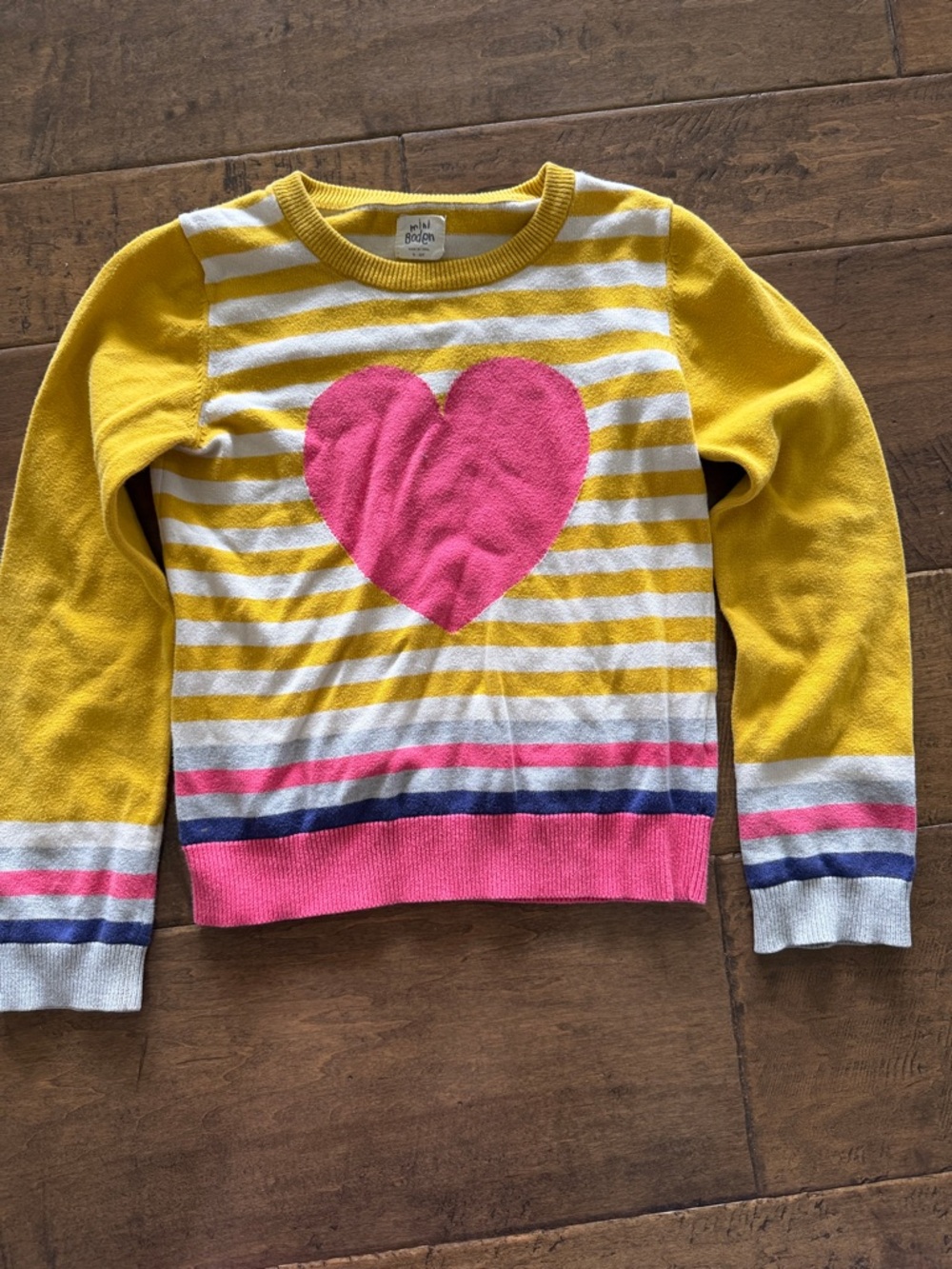 Mini Boden Yellow & White Stripe Sweater with Pink Heart
